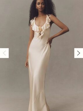 De La Vali Nema Ruffle Rosette Silk Satin Maxi Dress